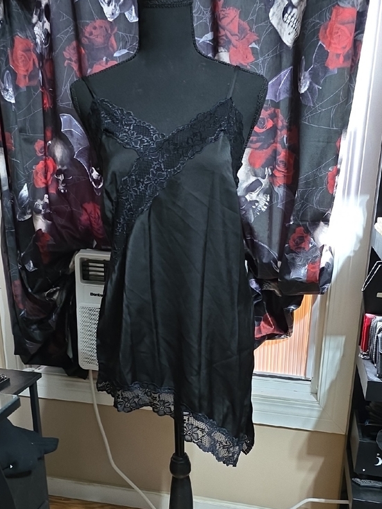 Tops - Black Asymetrical Long Lace Trim Satin Camisol